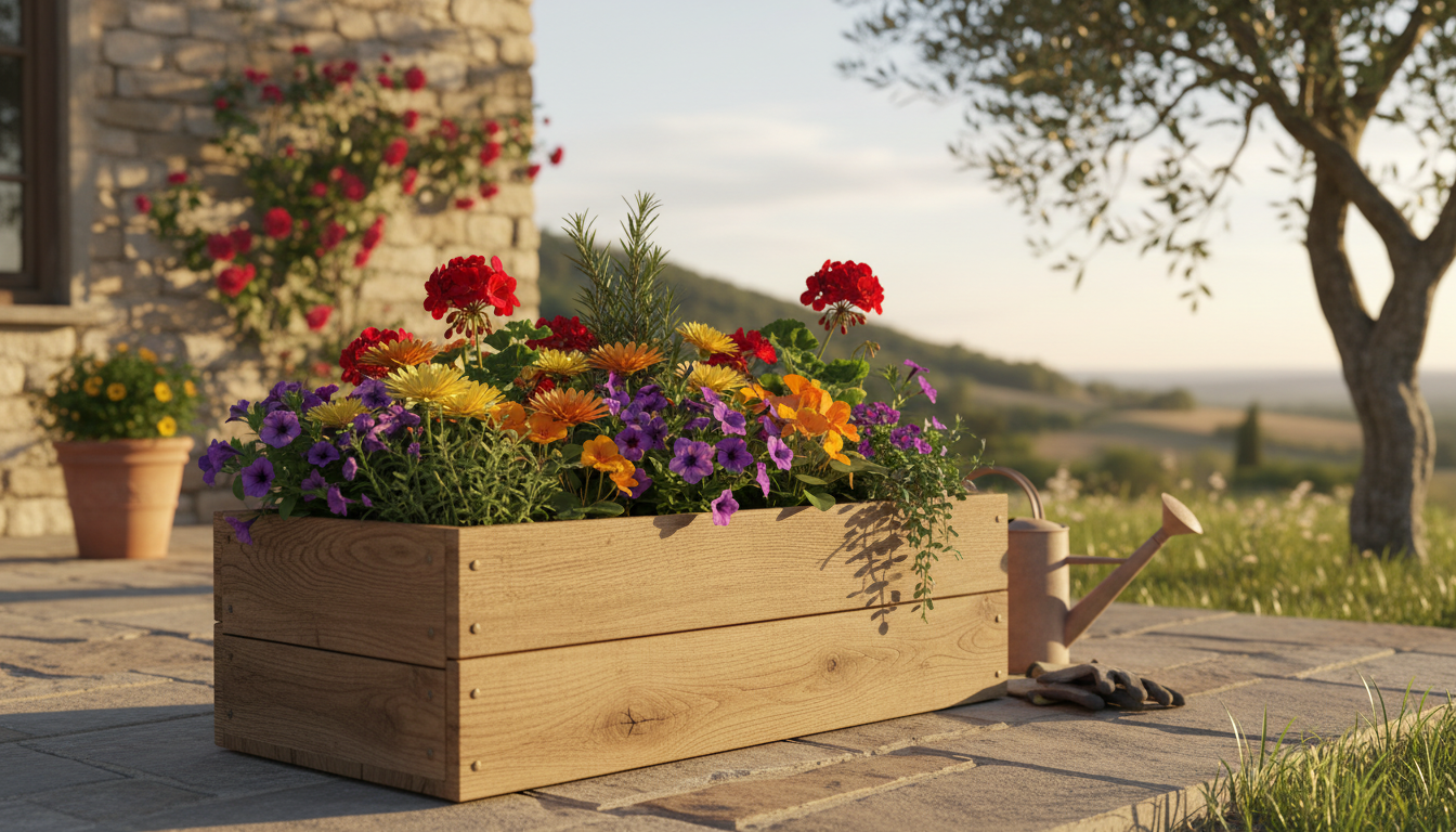 beautiful diy wooden planter box filled with colorful flowers on outdoor patio