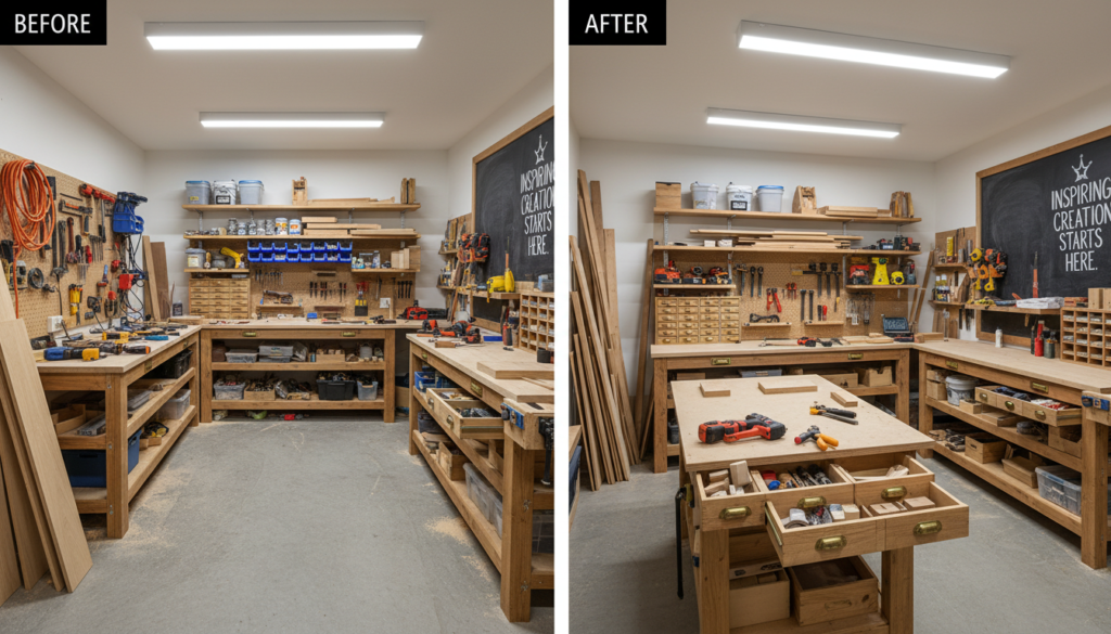 beautifully organized workshop showing transformation with wooden storage projects