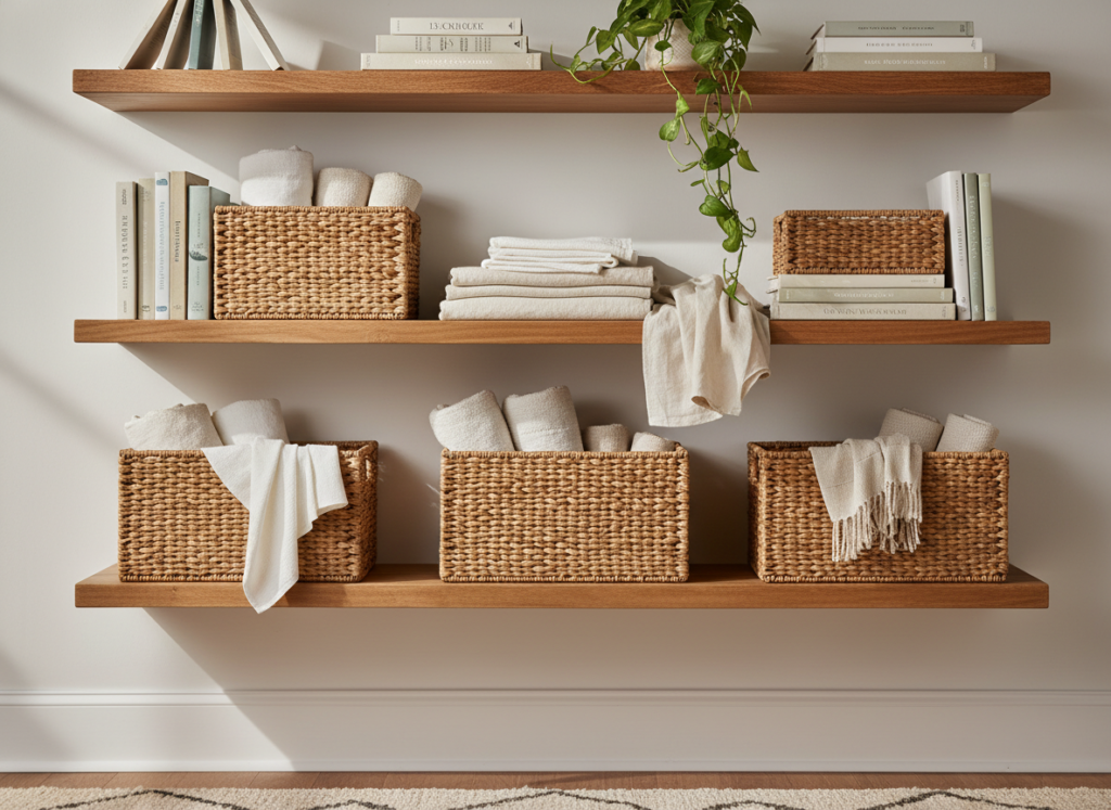 bedroom shelving unit with storage baskets
