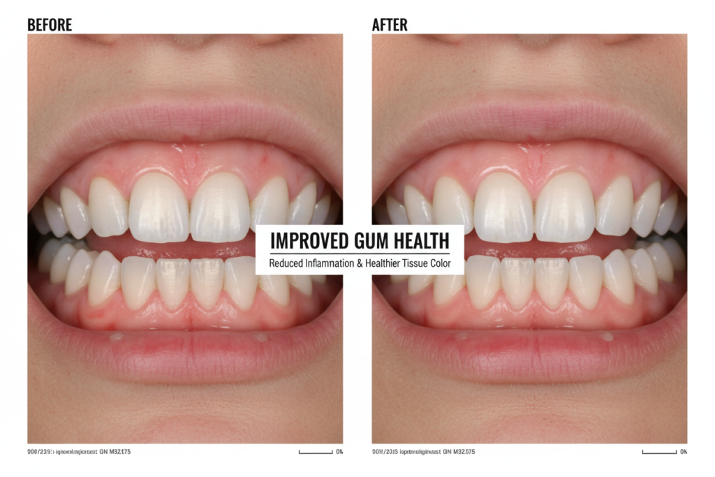 before and after comparison showing improved gum health and clean teeth