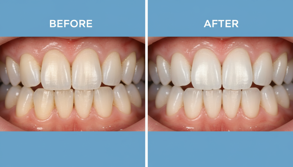 before and after comparison showing natural teeth whitening results over time