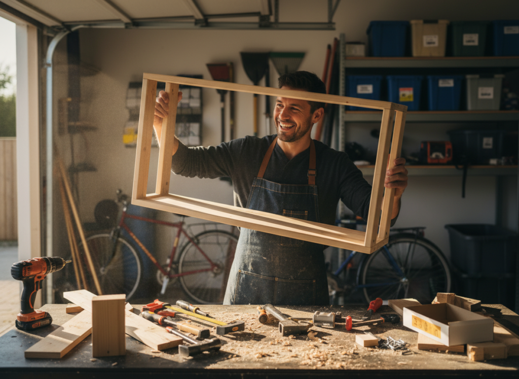 beginner completing a simple wood project at home with satisfaction beginner completing a simple wood project at home with satisfaction