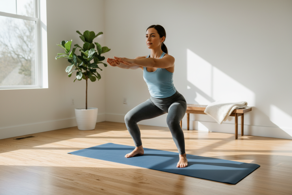 beginner doing simple bodyweight exercises at home for weight loss