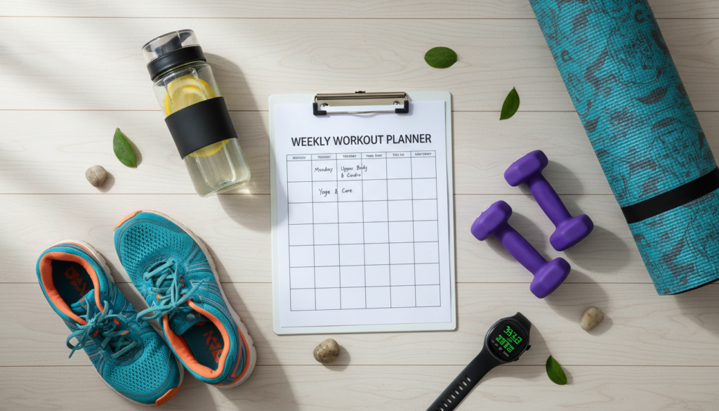 beginner following weekly workout plan with calendar and fitness equipment