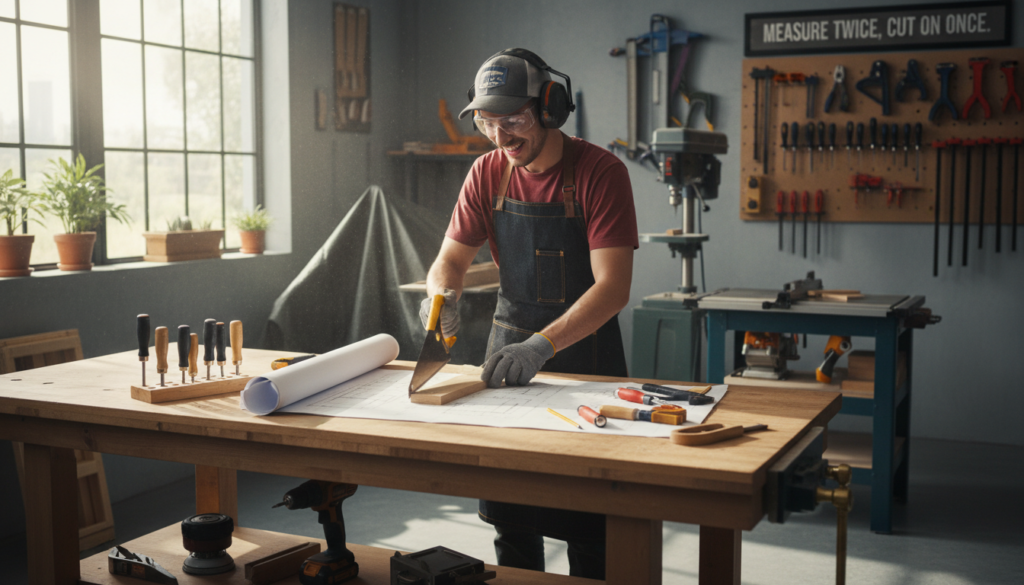 beginner starting first woodworking project at workbench
