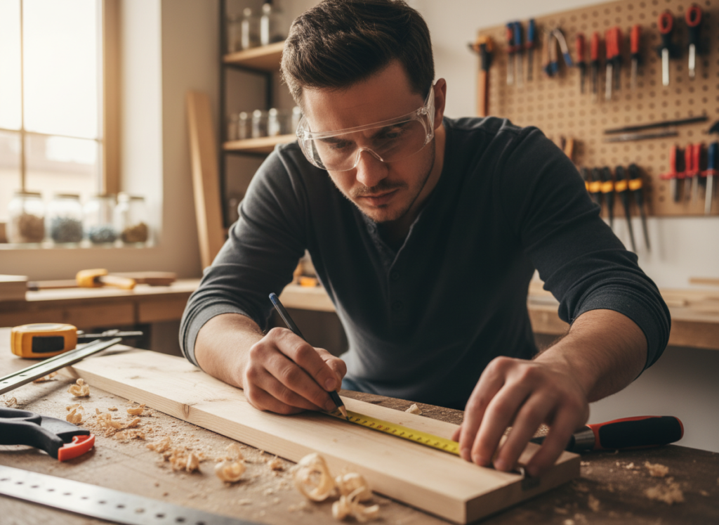beginner woodworker measuring and cutting wood for a simple diy project