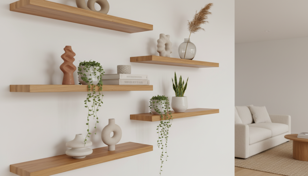 beginner woodworking project floating shelves mounted on wall