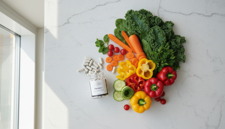 best probiotics for gut health shown with fresh vegetables and probiotic capsules
