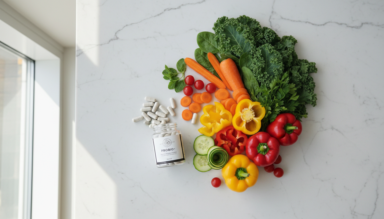 best probiotics for gut health shown with fresh vegetables and probiotic capsules