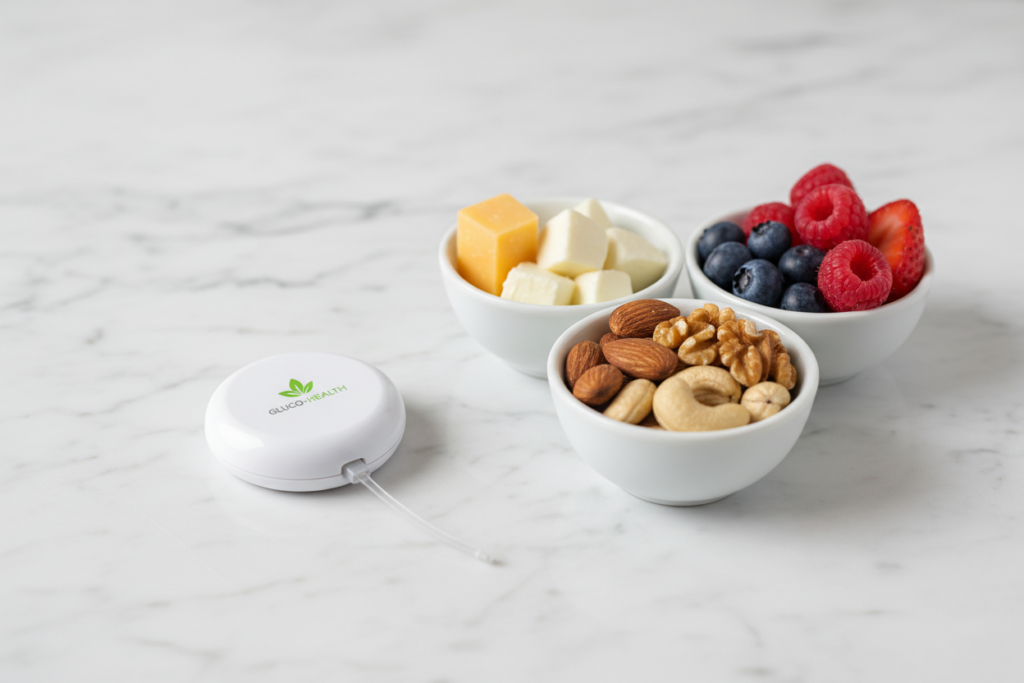 blood sugar monitoring device next to healthy bedtime snacks