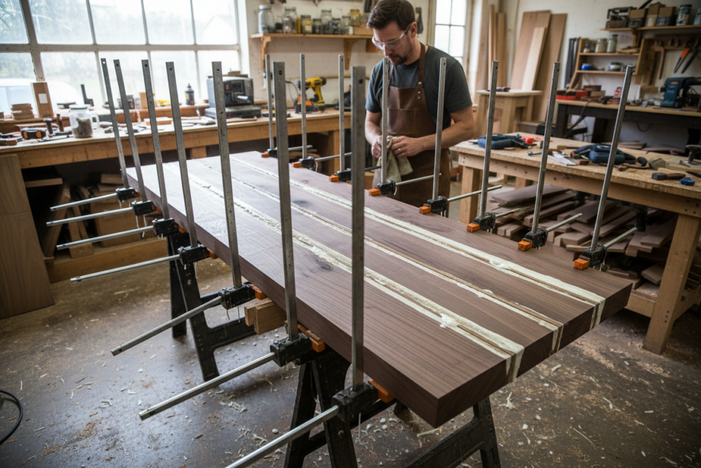 boards being clamped together for table top glue up boards being clamped together for table top glue up
