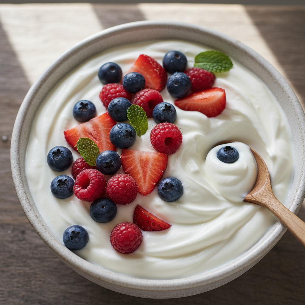bowl of Greek yogurt topped with fresh berries