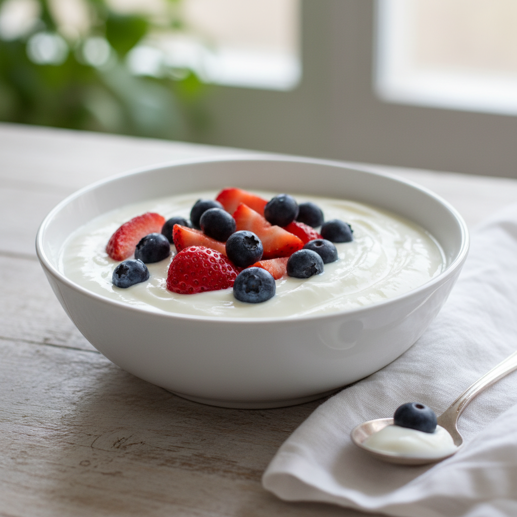bowl of creamy yogurt with live active cultures topped with fresh berries
