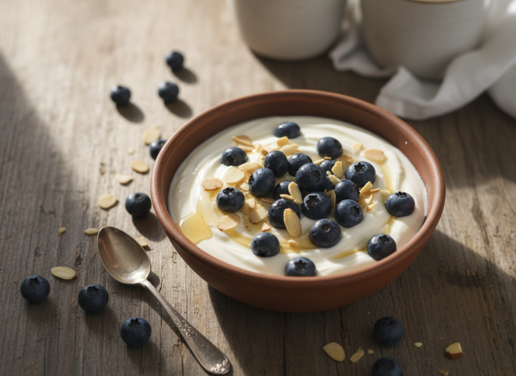 bowl of greek yogurt with berries for nighttime fat burning
