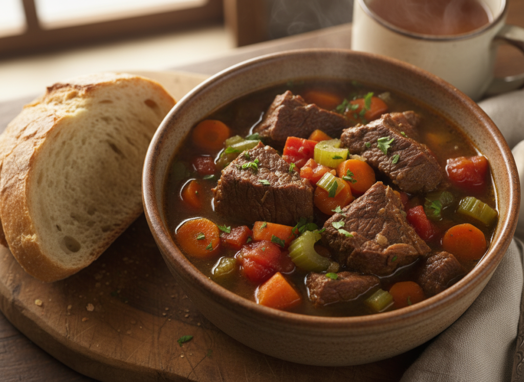 bowl of hearty beef and vegetable soup bowl of hearty beef and vegetable soup