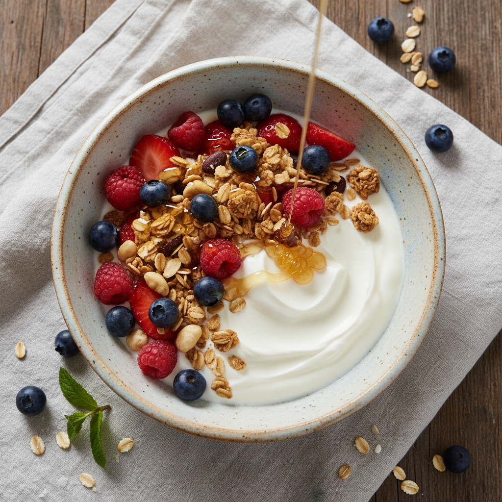 bowl of probiotic yogurt topped with fresh berries