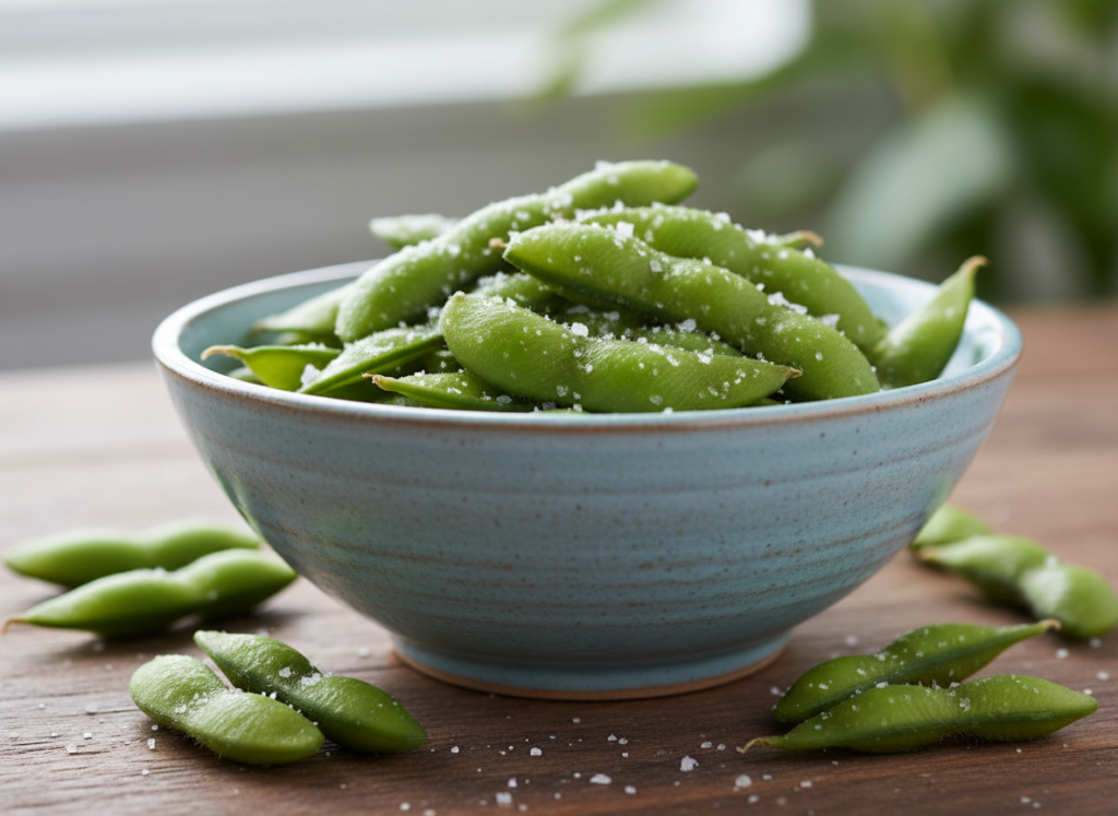 bowl of steamed edamame with sea salt