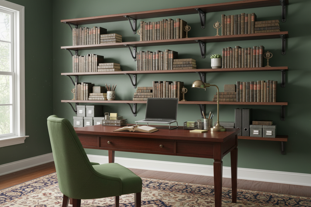 bracket-mounted shelving unit in home office