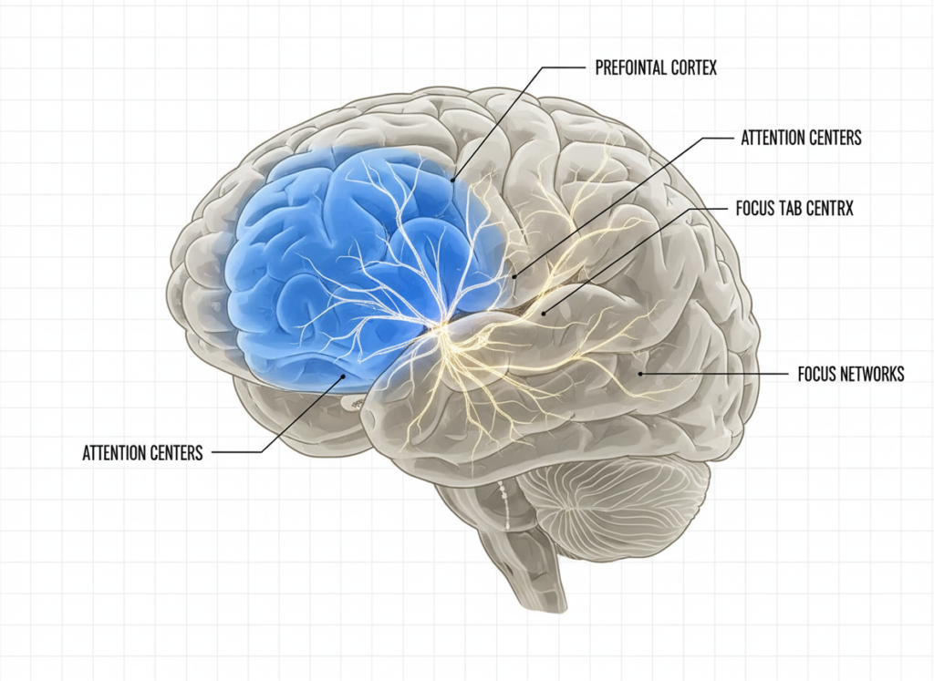 brain illustration highlighting prefrontal cortex and attention centers
