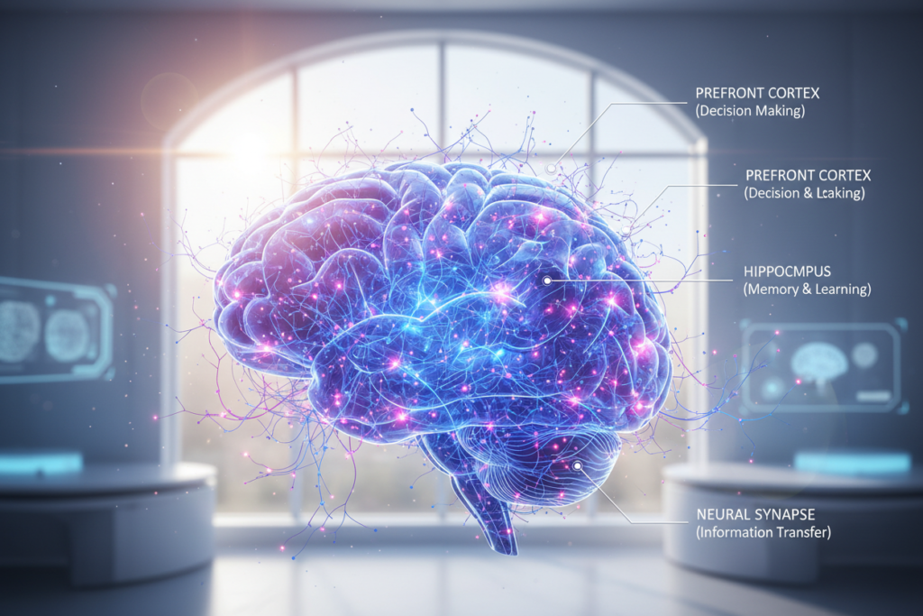 brain neurons firing representing mental clarity and cognitive function in morning
