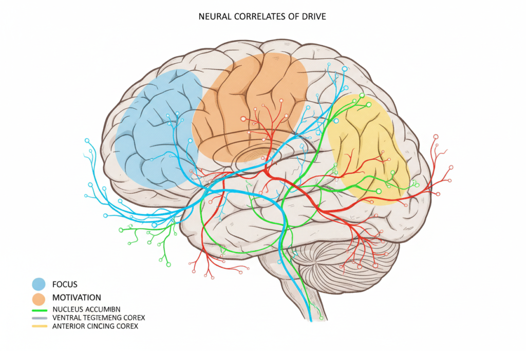 brain neuroscience diagram showing productivity pathways and dopamine systems