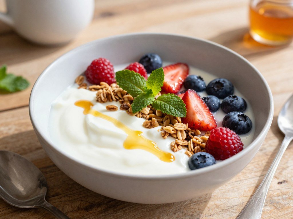 breakfast bowl with yogurt, berries, and granola