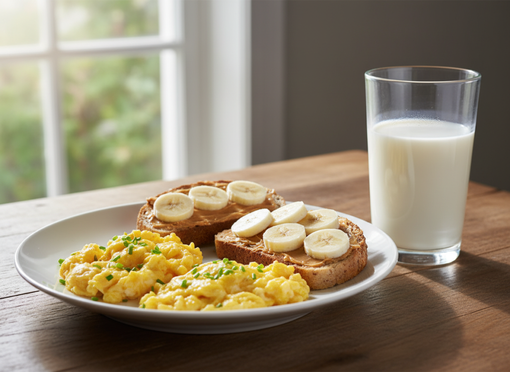 breakfast with eggs, toast, and peanut butter for weight gain