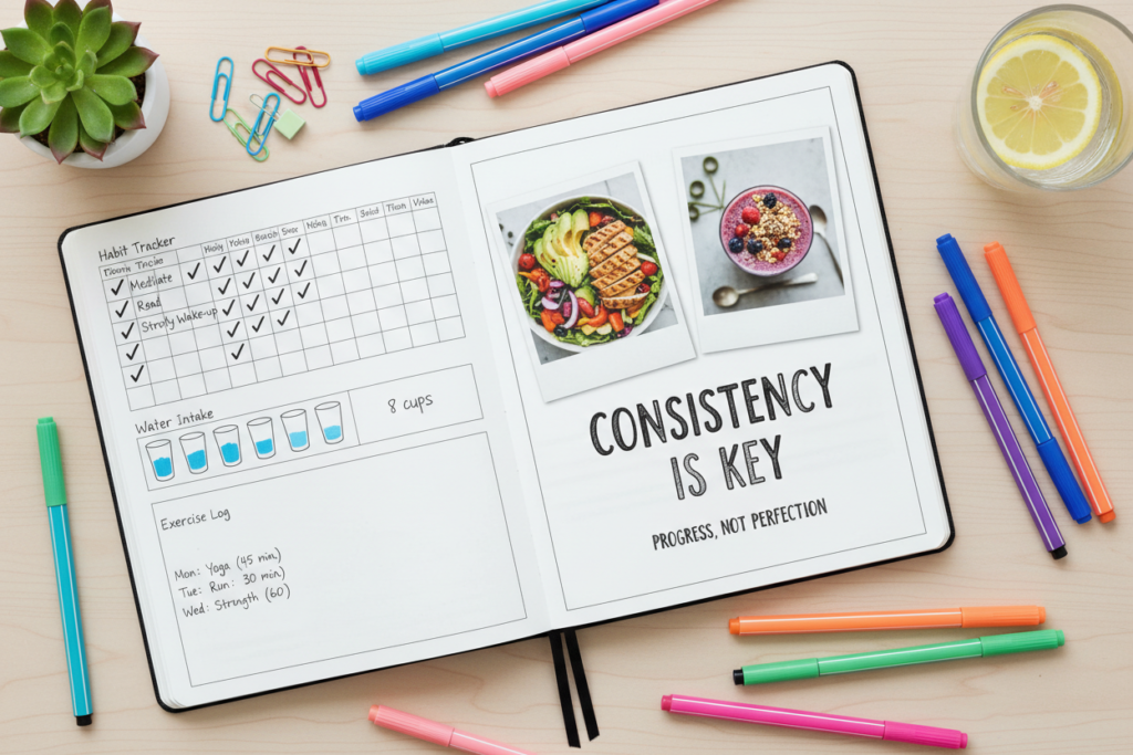 calendar or journal tracking healthy habits and progress