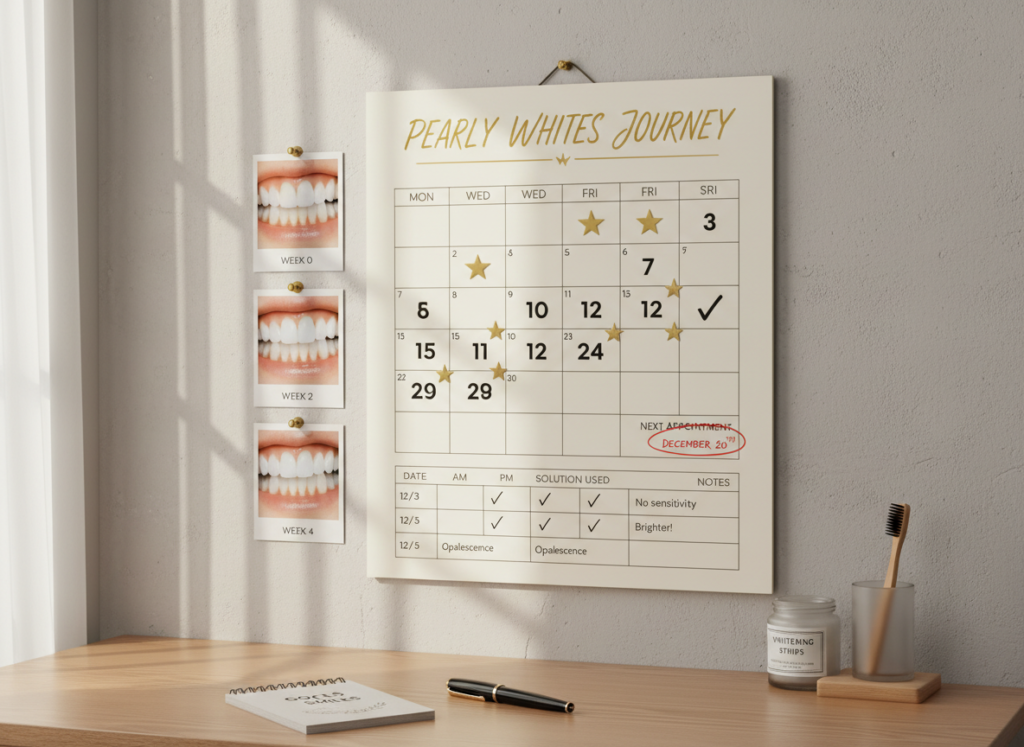 calendar showing natural teeth whitening progress tracking over four weeks