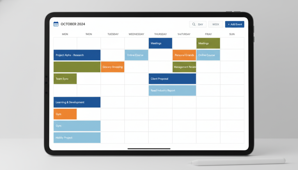 calendar showing time-blocked schedule with color-coded productive work sessions