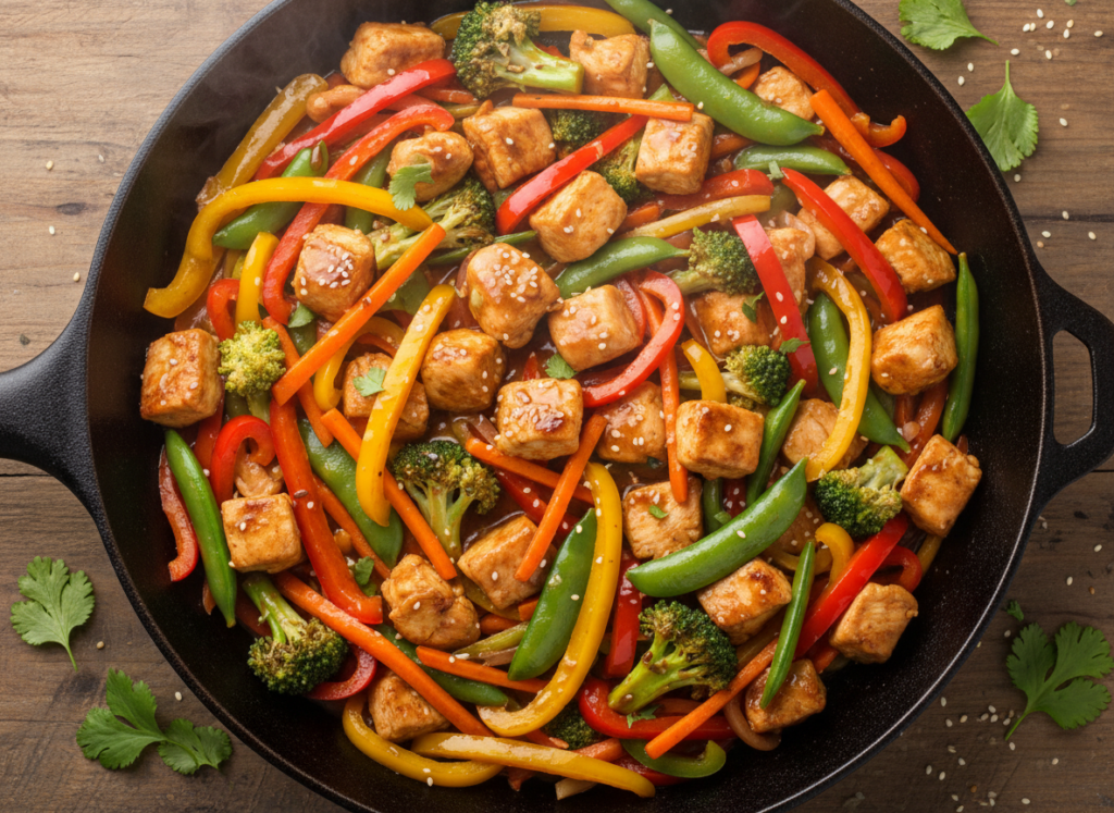 chicken stir fry with colorful vegetables in skillet chicken stir fry with colorful vegetables in skillet