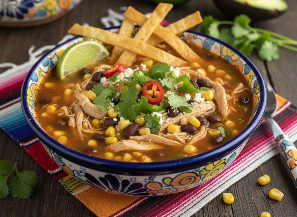 chicken tortilla soup garnished with fresh toppings chicken tortilla soup garnished with fresh toppings