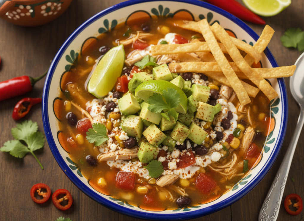 chicken tortilla soup topped with garnishes