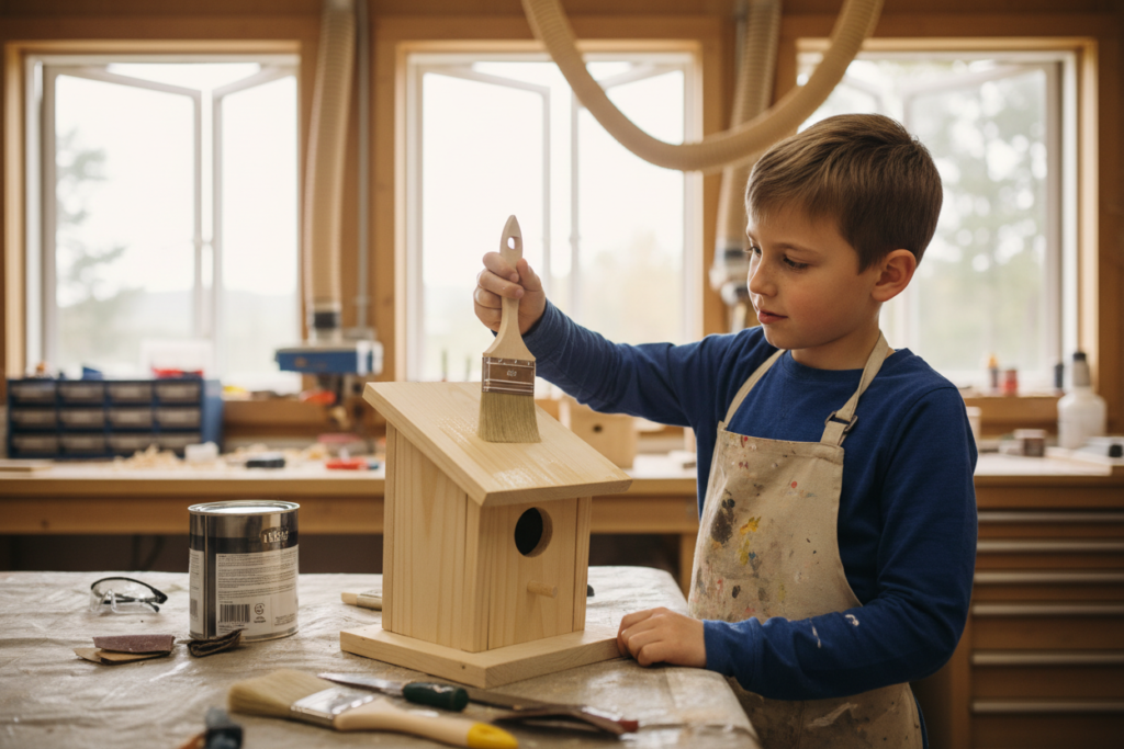 child applying finish to completed wood project child applying finish to completed wood project