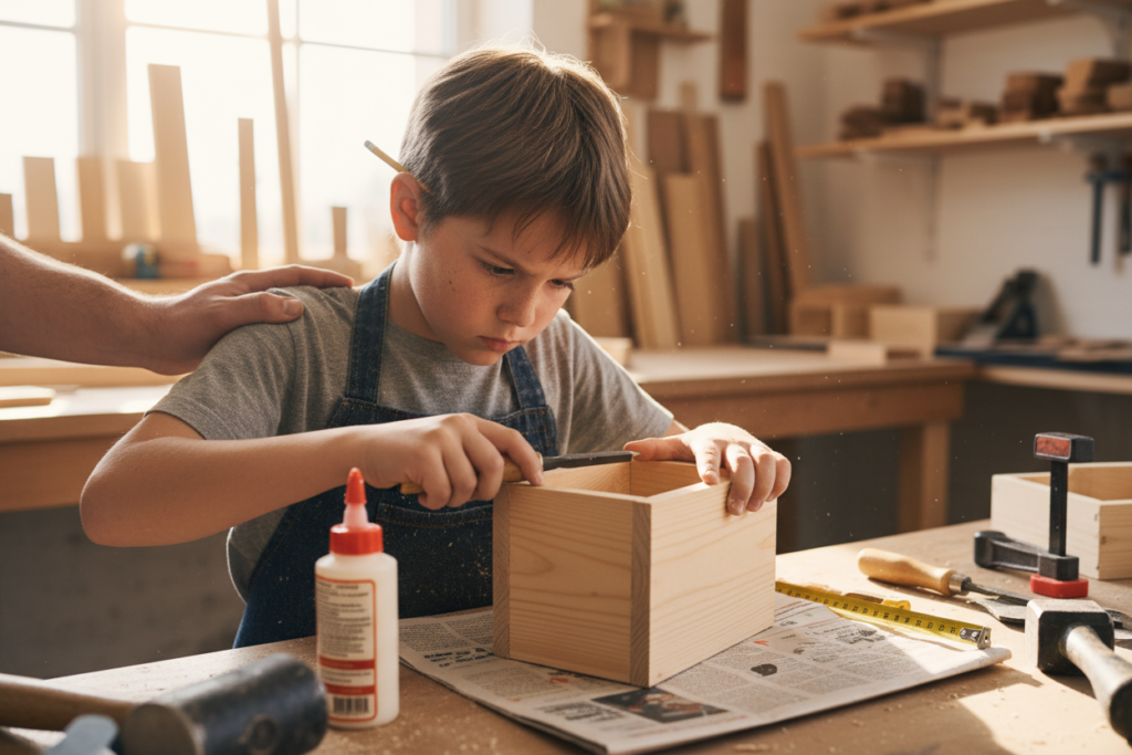 child fixing a mistake in woodworking project child fixing a mistake in woodworking project