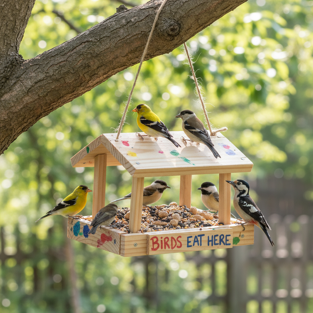child-made wooden bird feeder hanging outdoors child-made wooden bird feeder hanging outdoors