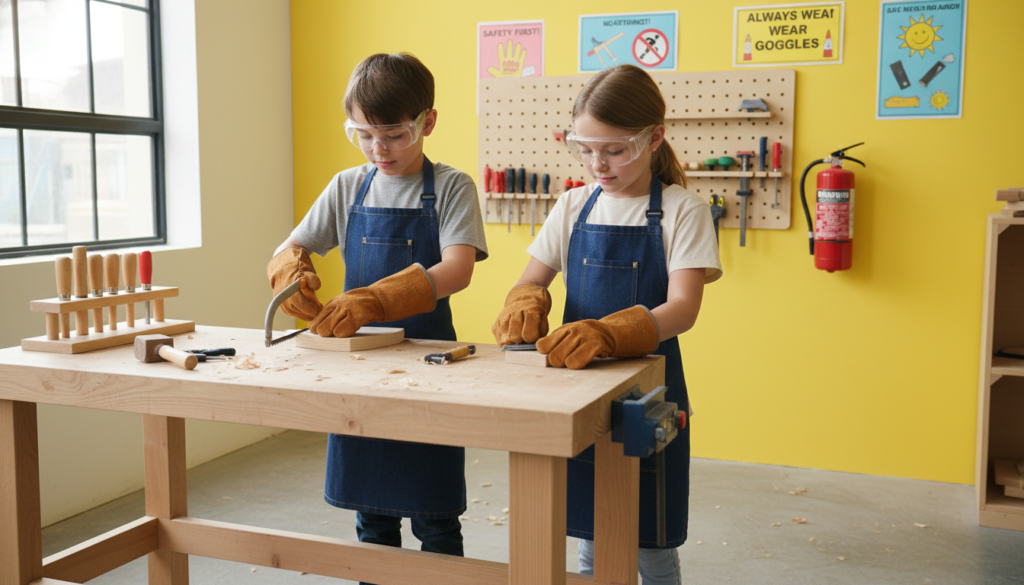 children wearing safety equipment for woodworking projects children wearing safety equipment for woodworking projects