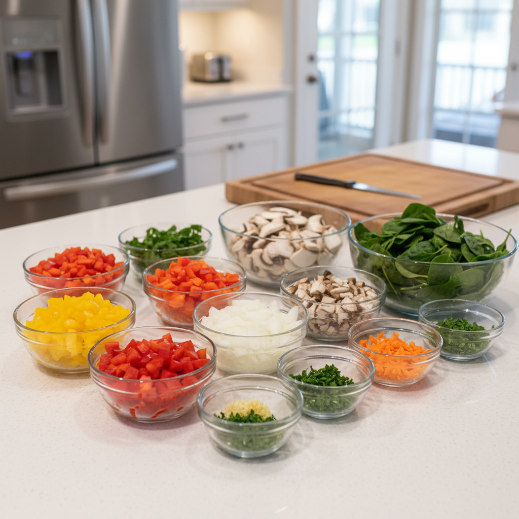 chopped vegetables and ingredients organized in bowls chopped vegetables and ingredients organized in bowls