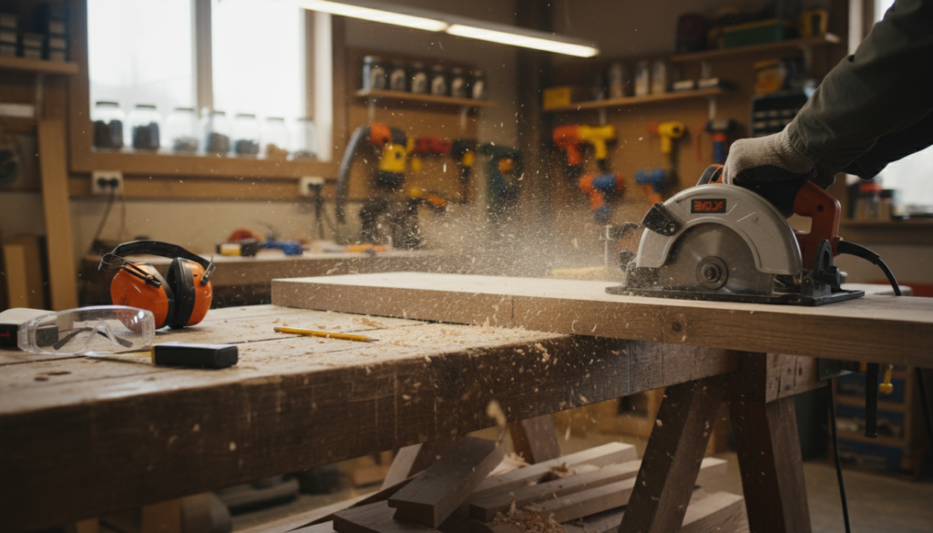 circular saw cutting wood board for diy closet shelves on workbench