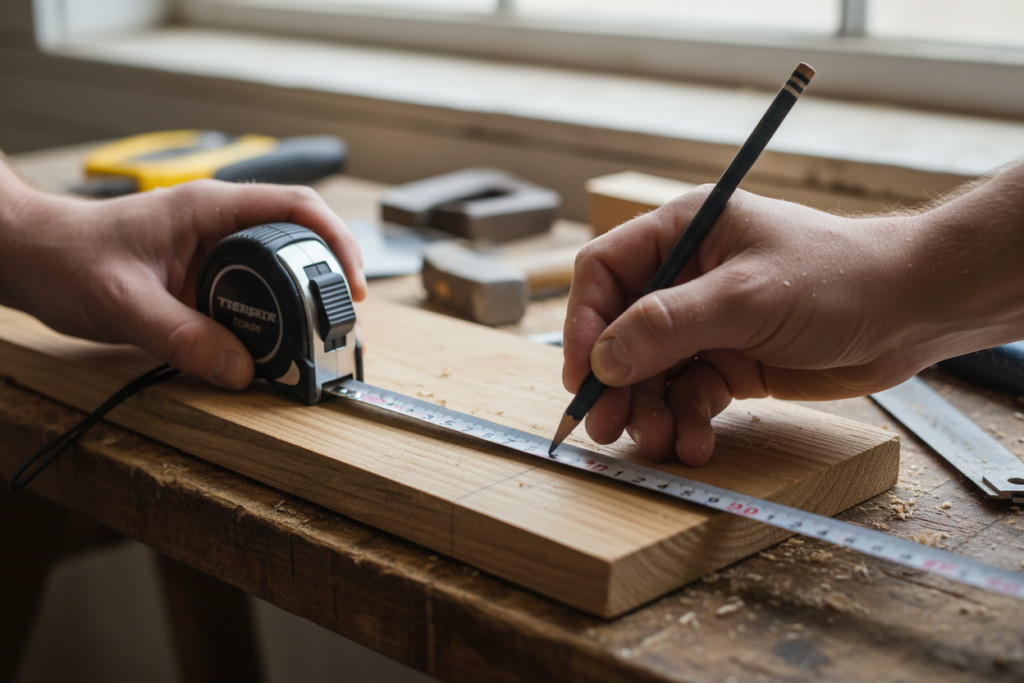 close-up of hands measuring wood board with tape measure and marking pencil