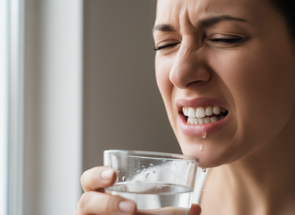 close-up of sensitive teeth reacting to cold water demonstrating chemical whitening side effects