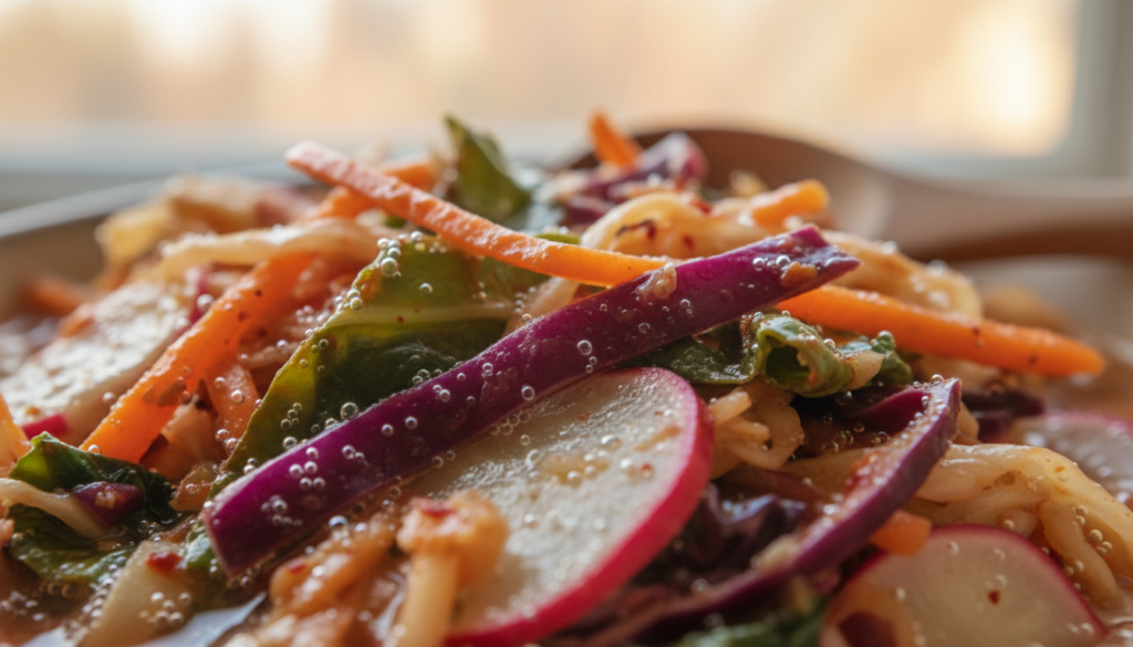 close-up of traditional fermented vegetables showing texture and natural fermentation bubbles