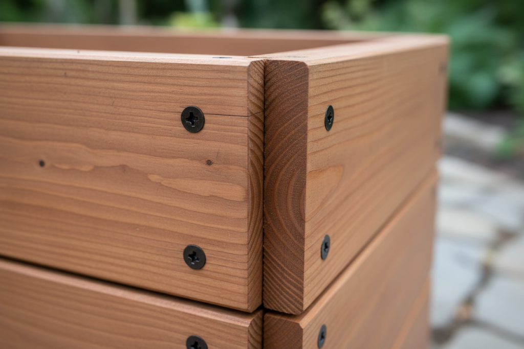 close-up of wooden planter box corner joint showing quality construction