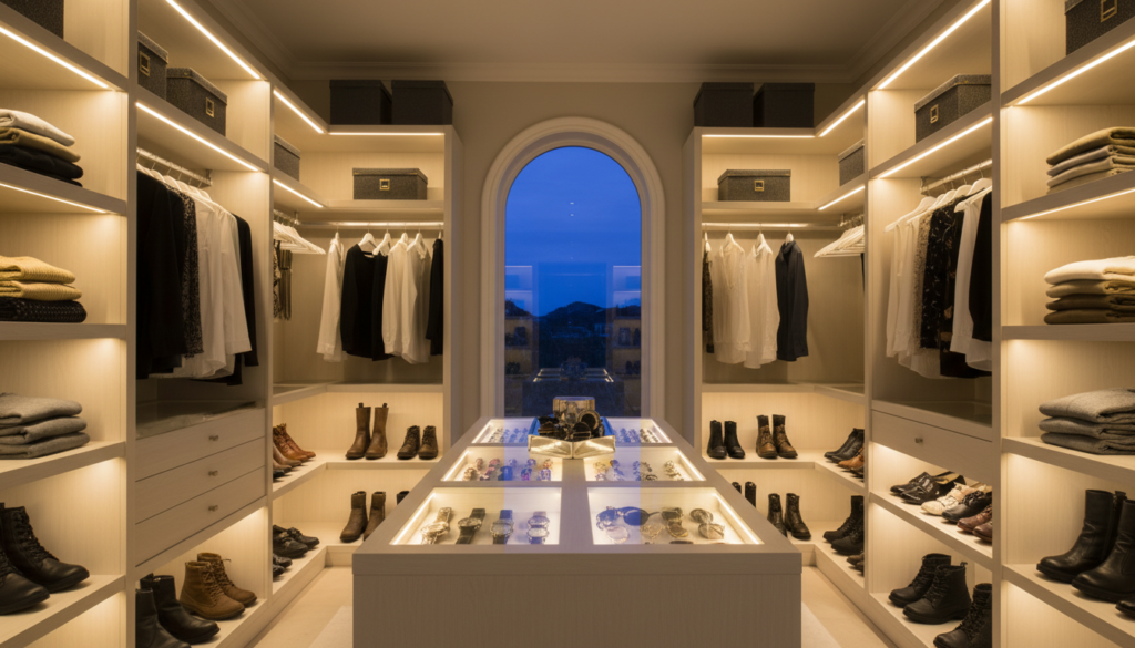 closet with LED strip lighting under shelves illuminating organized clothes
