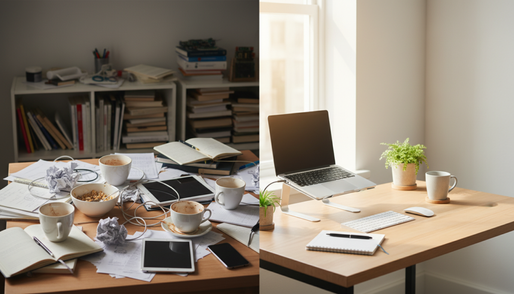 cluttered messy desk with papers and distractions versus clean organized workspace