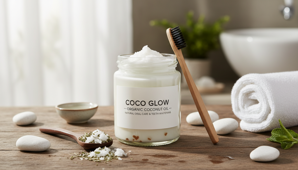 coconut oil in glass jar for oil pulling to remove tooth stains naturally