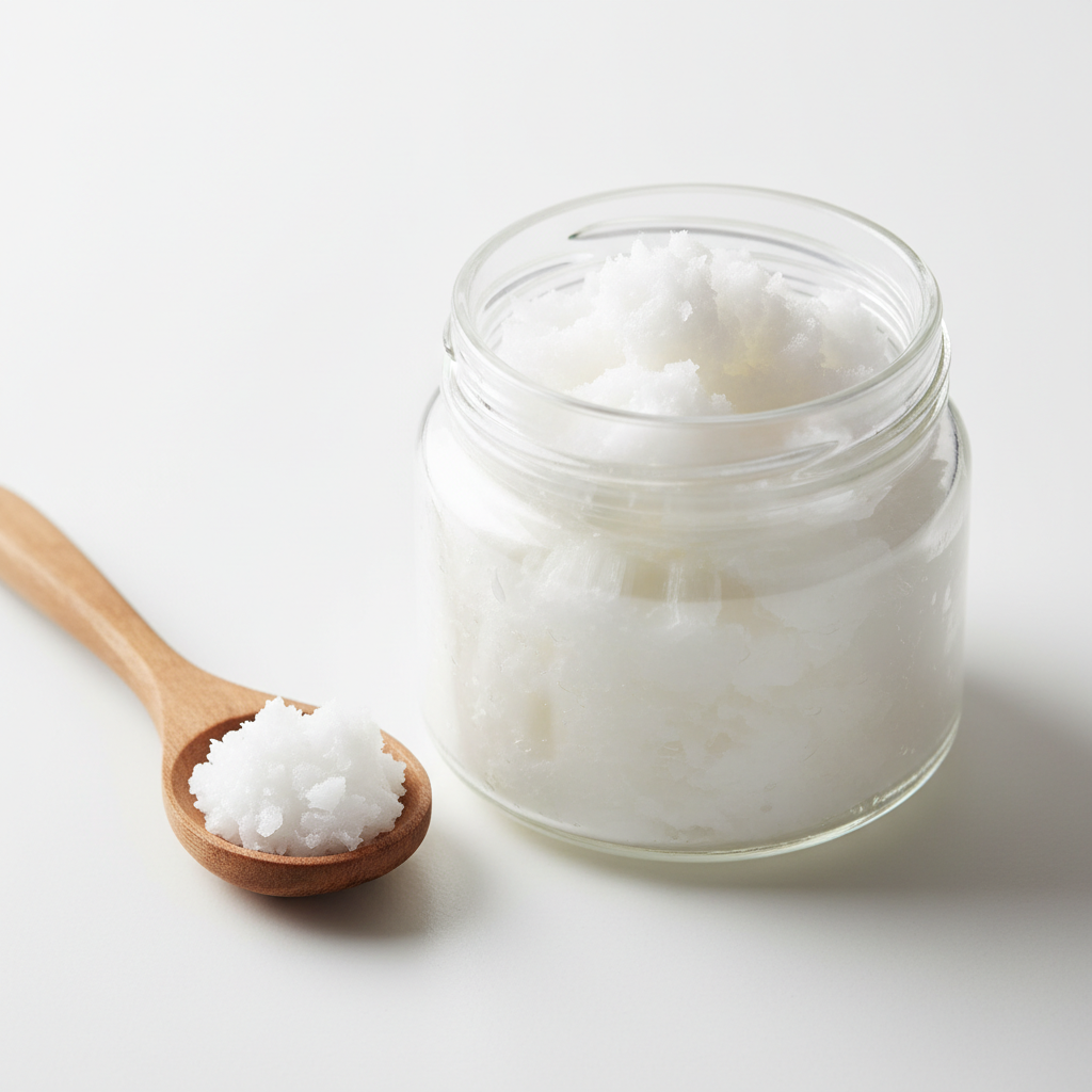 coconut oil in glass jar with wooden spoon for oil pulling technique