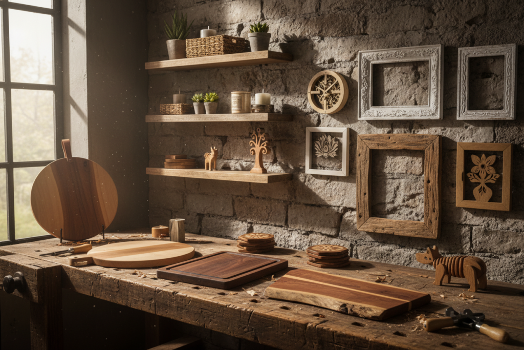 collection of completed quick diy wood crafts displayed together