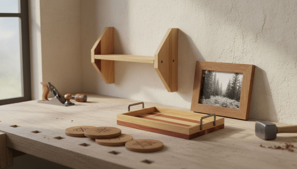 collection of completed simple wood projects displayed together collection of completed simple wood projects displayed together