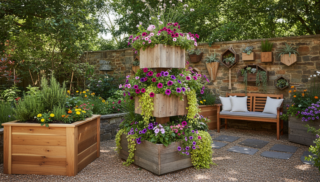 collection of creative wooden planter box designs in various styles